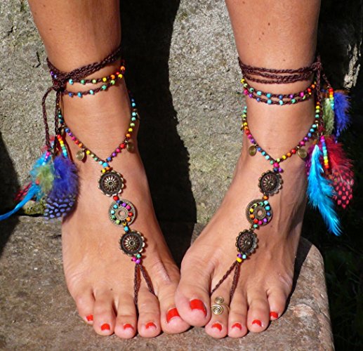 Barefoot Sandals Rainbow Mandala - Foot jewelry - Toe Anklet Beaded Crochet Barefoot Sandals