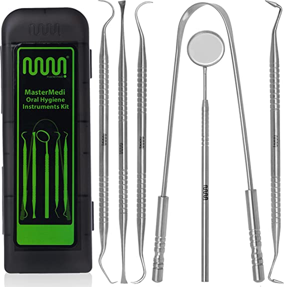 100% Stainless Steel Dental Tools - 6 Pack Teeth Cleaning Set, Plaque Remover and Oral Care for Adults, Kids and Pets, Includes Tongue Scraper, Dental Mirror, Probe, Burnisher and 2 Scalers