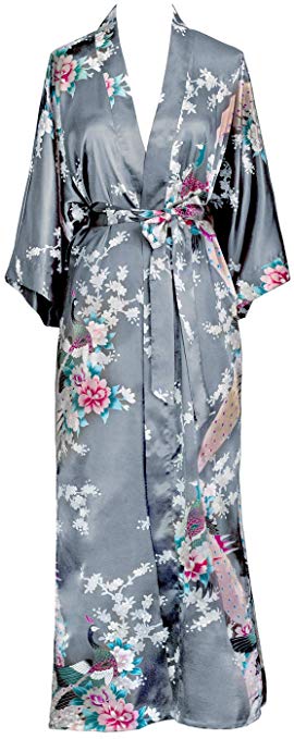 KIM ONO Women's Kimono Long Robe - Peacock & Blossoms