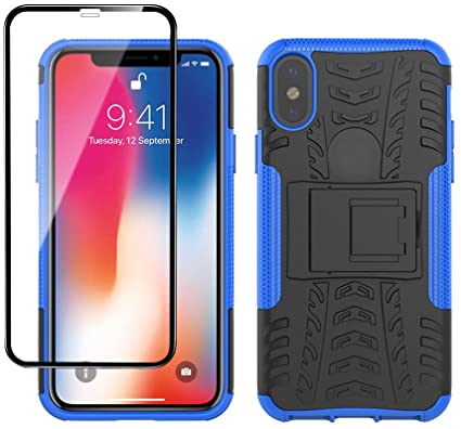 Yiakeng iPhone X Case, iPhone Xs Case and Tempered Glass Screen Protector, Shockproof Silicone Protective with Kickstand for Apple iPhone X/Xs/10 5.8" (Blue)