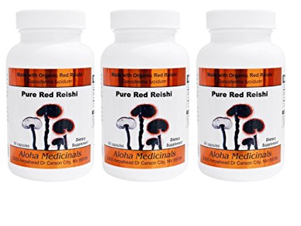 Organic Pure Red Reishi (Ganoderma lucidum) 500 mg - by Aloha Medicinals - 3 Bottles of 90 Capsules