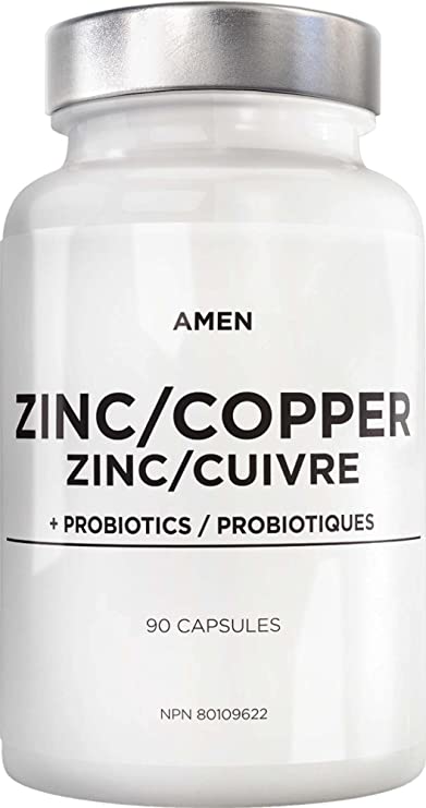 Amen Zinc & Copper Supplement   Probiotics, 3 Months Supply, One Per Day - 50 mg Zinc Picolinate Vitamin Pills - Essential Minerals Supplements – 2 Billion CFUs Probiotic – Vegan, Non-GMO, 90 Capsules