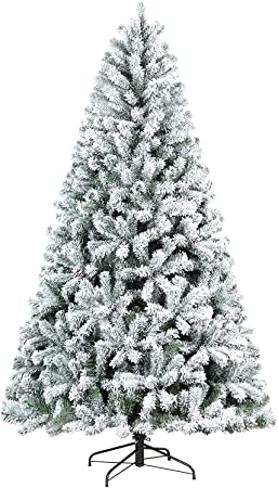 Hykolity 9 ft Snow Flocked Artificial Christmas Tree with Pine Cones, 2100 Tips, Metal Stand and Hinged Branches