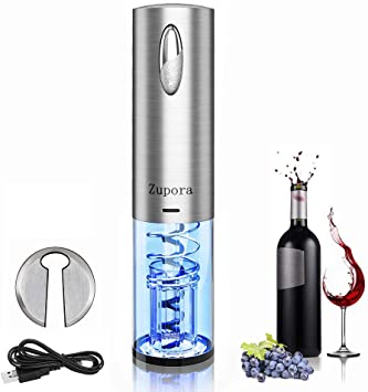Zupora Electric Wine Opener, Rechargeable Cordless Automatic Corkscrew Wine Bottle Opener with Foil Cutter (Stainless Steel), Refined Silver