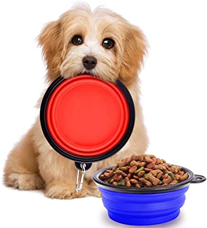 SunGrow Collapsible, Portable Pet Travel Bowls, Food & Water Feeder for Camping, Travel, Food-Grade, Carabiner Clip for Easy Storage, Dishwasher Friendly, Low Footprint, Feed Dog/cat Anywhere, 2 Pack