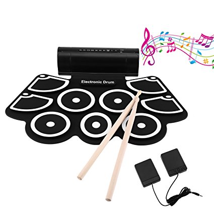 OCDAY 9 Pad Portable Electronic Drum Set Portable Drum Practice Pad Silicon Roll Up Electronic Drums Pad Kit with Speaker, Sticks and Sustain Foot Pedal for Beginners and Children