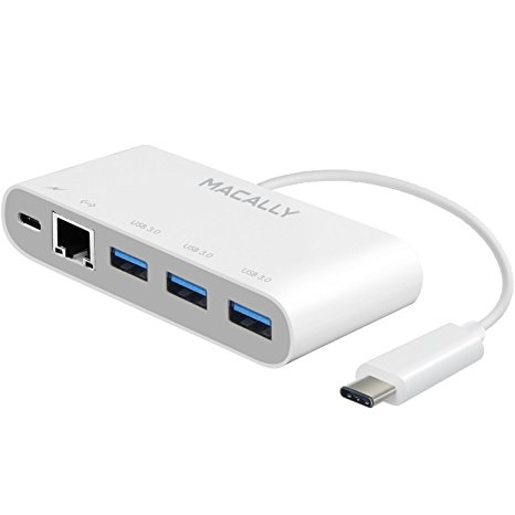 Macally UC3HUB3GBC USB C Hub Gigabit Ethernet Ports, 3 Port USB 3.0, and Type C Pass-Through Charging Port