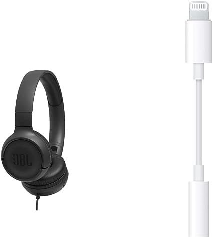 JBL Tune 500 Wired On-Ear Headphones with One-Button Remote/Mic - Black & Apple Lightning to 3.5 mm Headphone Jack Adapter