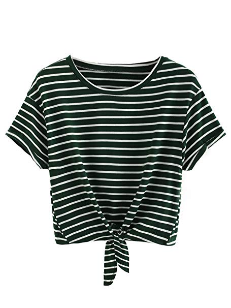 Romwe Women's Knot Front Cuffed Sleeve Striped Crop Top Tee T-Shirt