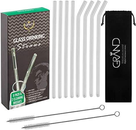 Reusable Glass Drinking Straws. Set of 8 Non-Toxic, Hypoallergenic and Eco Friendly Straws for use with Cold and Hot Drinks. A Family Pack of 8 That can Replace All Plastic Straws.