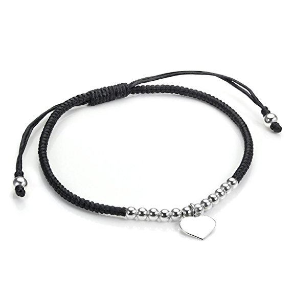 Sterling Silver & Black Cord Macrame Bracelet with Small Heart Charm