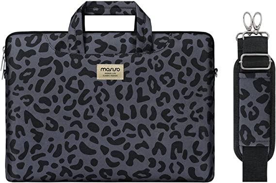 MOSISO Laptop Shoulder Bag Compatible with MacBook Air/Pro, 13-13.3 inch Notebook, Compatible with MacBook Pro 14 inch 2023-2021 A2779 M2 A2442 M1, Leopard Grain Briefcase Sleeve with Belt, Black