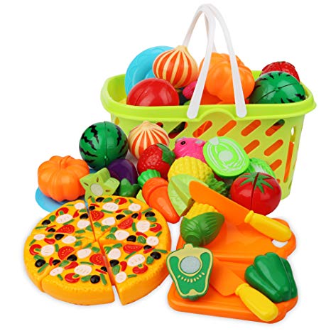 Cutting Play Food Kitchen Pretend - Grocery Basket Toys for Kids 26pcs Children Girls Boys Educational Early Age Basic Skills Development, Include Fruits Vegetables Pizza Knife Mini Dishes