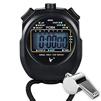 Paxcoo Digital LCD Display Sport Stopwatch with Stainless Steel Referee Whistle (Timer, Clock Alarm, Chronograph, Calendar Functions with Lanyard)