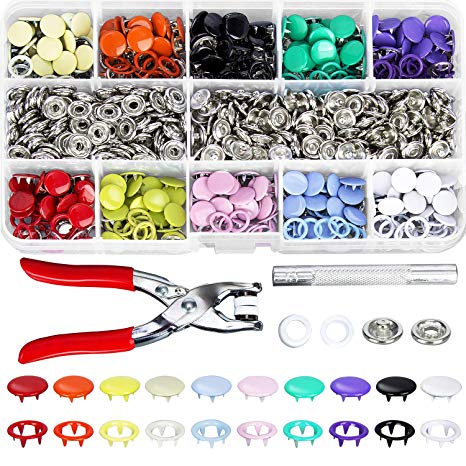 K Kwokker 200 Set Grommets Snap Fasteners Kit Leather Rivets Buttons Press Studs 9.5mm 10 Colors Metal Prong Ring Button for Leather, Coat, Down Jacket, Jeans Wear Diapers DIY Thin Clothing