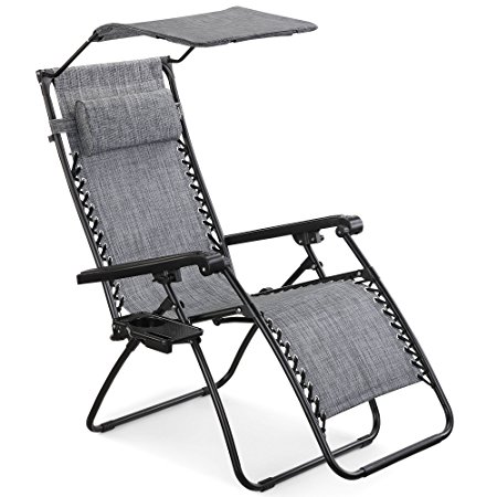 VonHaus Textoline Zero Gravity Chair with Canopy - Outdoor Lounger Shade Chair with Drinks Holder