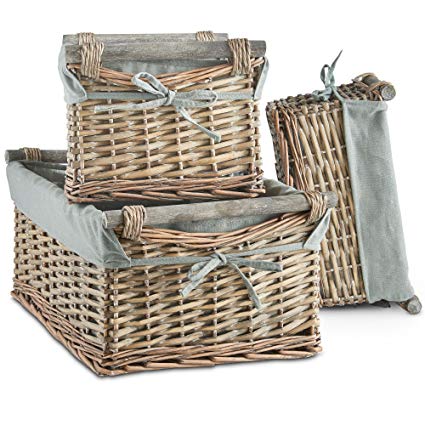 VonHaus Set of 3 Brown Willow Storage Baskets w/Grey Lining | Display Hampers for Bathroom, Living Room, Kitchen, Lounge or Under Stairs | Decorative Shelf Gift Box w/Removable, Washable Lining