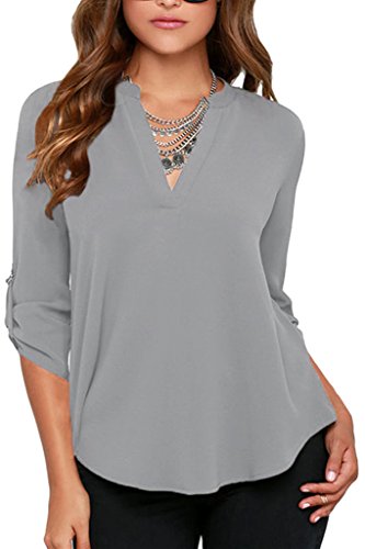 Dokotoo Womens Casual Chiffon Ladies V-Neck Cuffed Sleeve Blouse Tops (S-XXL)