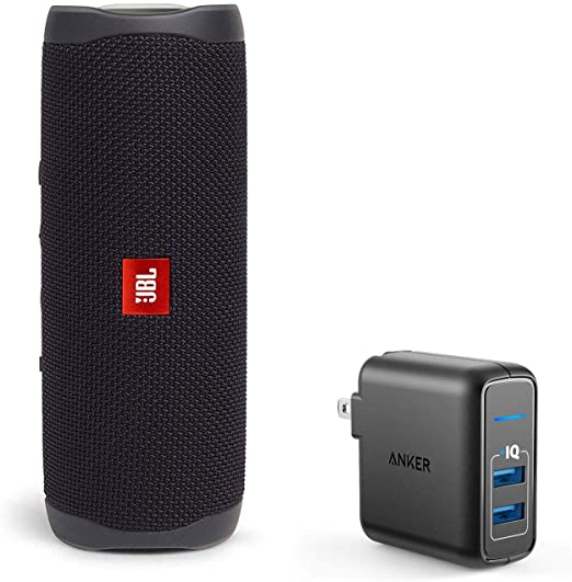 JBL Flip 5 Waterproof Portable Wireless Bluetooth Speaker Bundle with 2-Port USB Wall Charger - Black