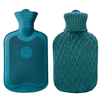 Cozy Niche 2 Liter Classic 100% Natural Rubber Hot Water Bottle with Soft Knitted Cover, For Quick Pain Relief and Comfort (Green with Button)