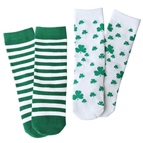St. Patrick's Day Baby Toddler knee high socks Shamrock/Clover Green and White Striped Gift Set 2 Packs