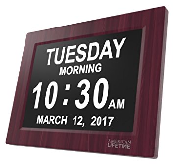 2 Pack - [Newest Version] Day Clock - Extra Large Impaired Vision Digital Clock with Battery Backup & 5 Alarm Options (Two Pack Mahogany)