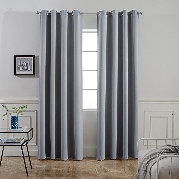 Yakamok Blackout Thermal Insulated Grommet Light Grey Curtains Bedroom/Living Room,52" Wide x 84" Long Each Panel,2 Tie Backs Included