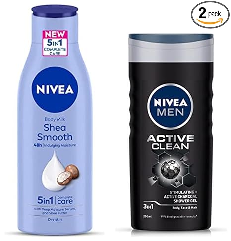 Nivea Body Lotion For Dry Skin, Shea Smooth, With Shea Butter, For Men & Women, 200 ml & Nivea Men Body Wash, Active Clean With Active Charcoal, Shower Gel For Body, Face & Hair, 250 ml