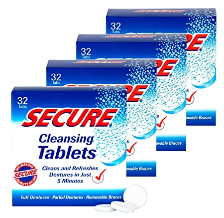 Secure Cleansing Tablets Zinc Free Formula Removes Odors, Stains, Bacteria, Germs - Clean Dentures, Partials & Removable Braces - 32 Tablets (Pack of 4)
