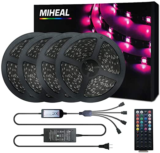 Miheal 80ft (24m) 5050 SMD RGB LED Strip Light Kit, Color Changing Black PCB Rope Lights 44-Key RF Controller  Power Supply for Home,Kitchen,Trucks,Sitting Room and Bedroom Decoration(80ft)