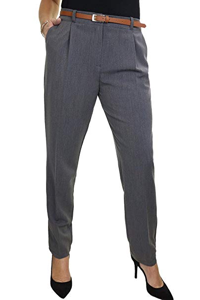 ICE Tapered Leg Smart Tailored Office Day Trousers Free Belt Size 8-22