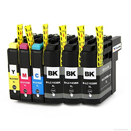 K-Ink Compatible Replacement Ink Cartridges for Brother LC103 LC 103 XL LC101 (6 Pack - 3 Black, 1 Cyan, 1 Magenta, 1 Yellow)