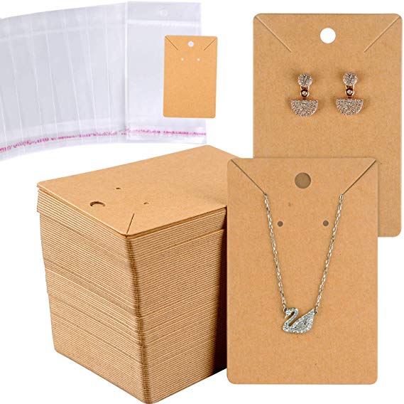 MIAHART 150 Set Earring Card with 150 Pcs Bags, Earring Card Holder Blank Kraft Paper Tags for DIY Ear Studs Necklace Jewelry Display (Brown)