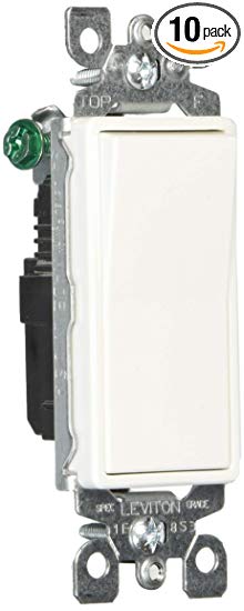 Leviton 5601-2W 15 Amp, 120/277V Decora Rocker Single-Pole AC Quiet Switch, Residential Grade, Grounding (10-Pack), White, Piece