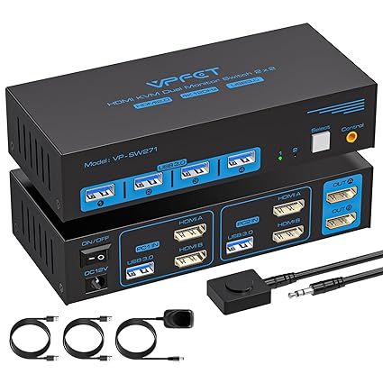 4K120Hz HDMI KVM Switch 2 Monitors 2 Computers USB 3.0 KVM Switches for 2 Computers Share Dual Monitor and 4 USB Devices Support Extended/Copy Mode with DC 12V/1A&Wired Controller