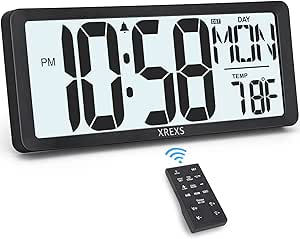 XREXS Large Digital Wall Clock with Backlight, 14.17 Inch Large Display Wall Clock with Remote Control, Big Count Down Timer Clock, Battery Operated Alarm Clock with Temperature, Date&Week for Seniors