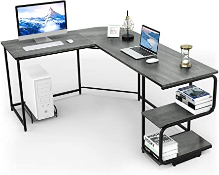 Tangkula Reversible L-Shaped Computer Desk with Storage Shelves, 69" Round Corner Computer Desk, Writing Study Table with CPU Stand, Gaming Table Workstation for Home Office (Gray)
