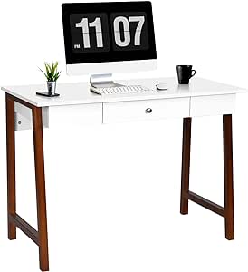 COSTWAY 42" Computer Desk with Storage Drawer, Modern Home Office Writing Study Table with Solid Rubber Wood Legs & Non-slip Foot Pads, Multifunctional Makeup Vanity Dressing Table (Coffee and White)