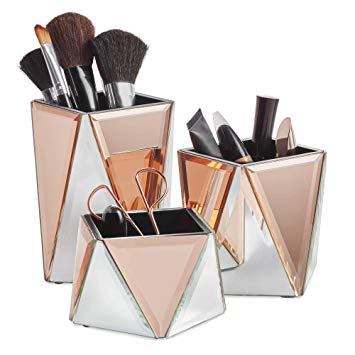 Beautify Rose Gold Mirrored Storage Pots for Makeup Cosmetics, Brushes, Jewelry and Accessories - Geometric Silver and Rose Gold, Set of 3