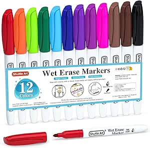 Shuttle Art Wet Erase Markers, 12 Colors 1mm Fine Tip Overhead Projectors Transparency Smudge-Free Markers, Works for Laminated Calendars Whiteboard Schedule Glass, Wipe with Water