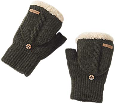 BIKMAN Men's Wool Knitted Fingerless Gloves Convertible Mitten with Thinsulate Lining