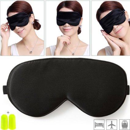 LUXVEER Authentic Natural Silk Sleep Mask Super Smooth Blindfold Eye Mask with 2 Free Ear Plugs (Black)