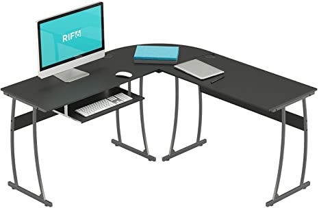 RIF6 L-Shaped Computer Desk - Modern Home Office Corner Desk with Keyboard Shelf Tray - Black Wide Surface Study Workstation Table for PC Laptop Gaming and Writing - with Sturdy Adjustable Steel Legs
