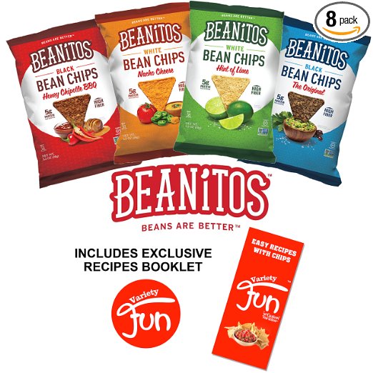 Beanitos Chips Variety Pack 8 Bags 4 Flavors (2 Original Black Bean, 2 Chipotle BBQ, 2 Nacho Cheese, 2 Restaurant Style) All Natural Gluten Free High Fiber Vegan No Preservatives Certified Kosher (8) Includes Exclusive Simples Recipes With Chips Booklet By Custom Varietea (1.2 oz Each)