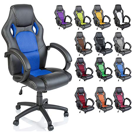 TRESKO Racing Style Faux Leather Office Chair Executive Chair Swivel Chair Blue, 14 colours available, Padded armrests, Racer Gaming Chair with tilt function and nylon castors, ergonomically designed, Gas lift SGS tested