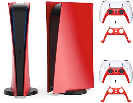 NexiGo PS5 Accessories Cover Set, PS5 Controller Faceplate & Protective Shell Cover for Playstation 5 Digital Edition, Anti-Scratch Dustproof Protective Cover for Sony PS5 Console (Red)