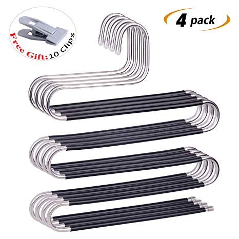 IEOKE Trouser Hanger,Non-Slip Pants Hangers S-Type 5 Layers Stainless Steel Space Saving Clothes Hangers, Closet Storage for Jeans Towels Ties Scarf Hanger-4 Pack