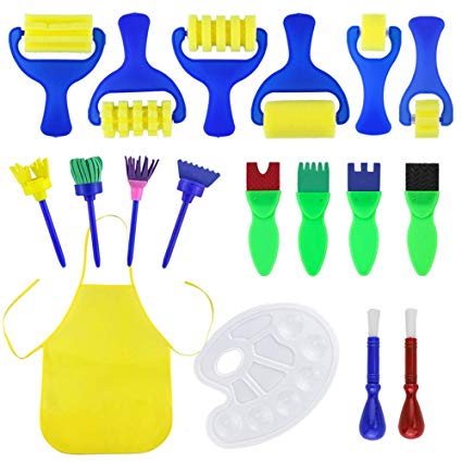 JPSOR 16 Pcs Kids Sponge Painting Brushes Tools Craft Brushes Sets with a Paint Tray Palette and Waterproof Art Smock Art Aprons