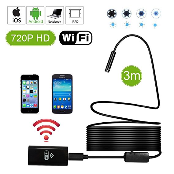 Waterproof Flexible Wireless Endoscope WiFi Borescope Inspection Camera 2.0 Megapixels for Android and iOS Smartphone, iPhone, Samsung, iPad (3M)