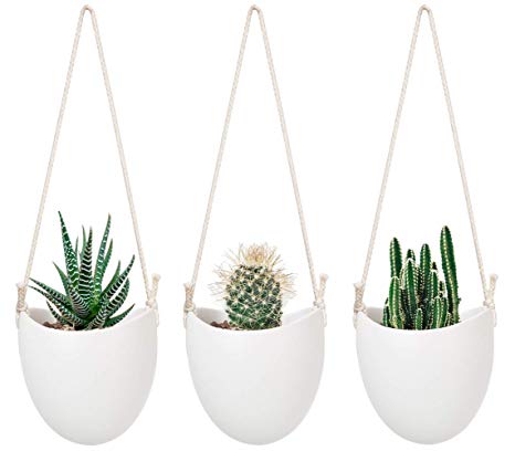 Mkono Ceramic Hanging Planter Modern Wall Flower Pot for Succulent Herb Air Plant Live or Faux Plants Home Decor, Set of 3